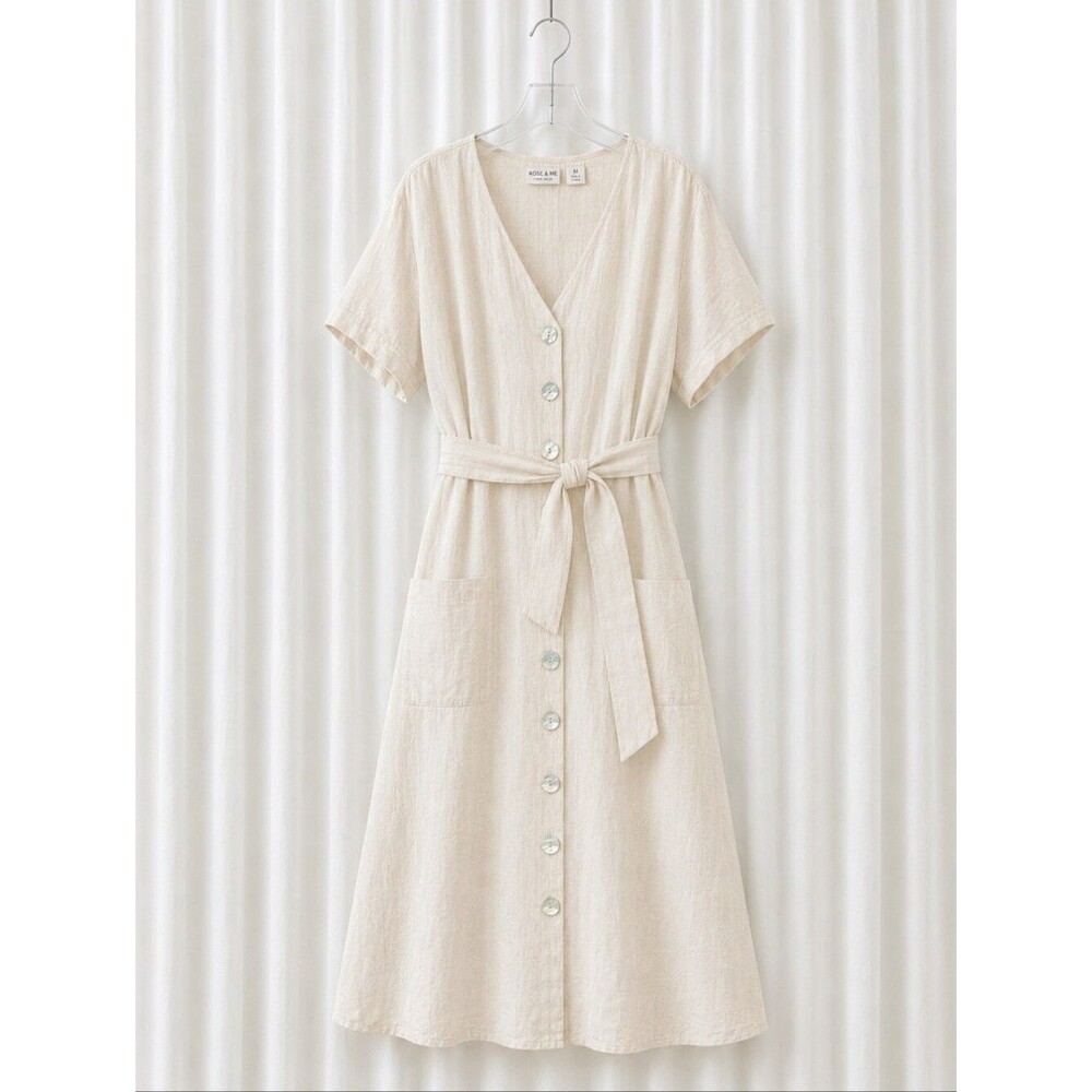 Rachel Zoe Light Coral Beige Linen Button Front Belted Coastal Chic Midi Dress